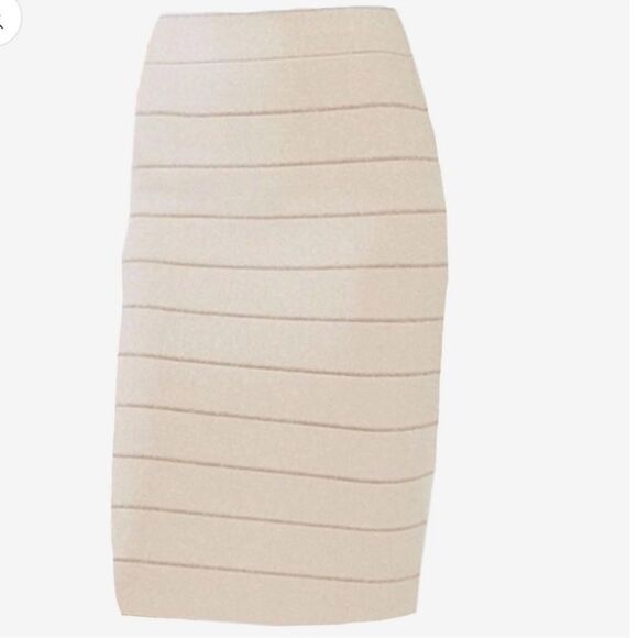 BCBG XS Cream Metallic Gold Bandage Bodycon High Waist Pull On Pencil Skirt - Picture 4 of 10